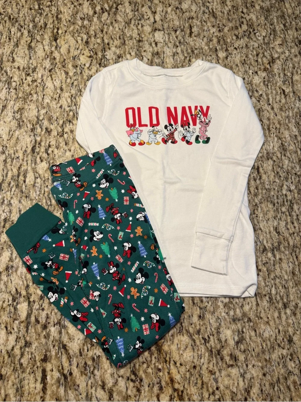 Old Navy White Top with Green Mickey Holiday Pajama Pants